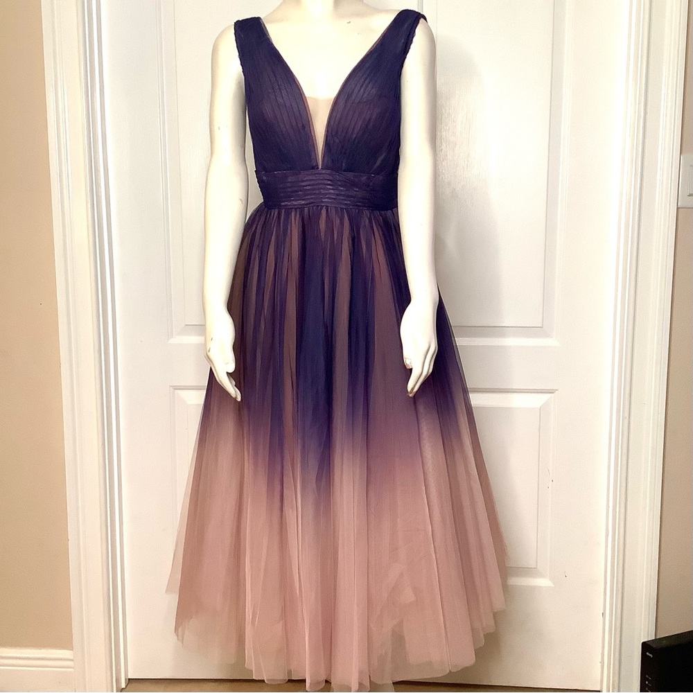 Mac Duggal NWT Purple & Pink Ombre Dress Illusion Plunge Neckline Tulle Shirred